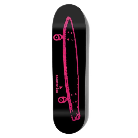 Crailtap Stinky Pink Black Skidul skateboard deck: Rough pink hand-drawn outline of a longboard-style skateboard seen from the side, with two small wheels, on a plain black deck. Small pink crailtap.com text and arrow sit below the centre.