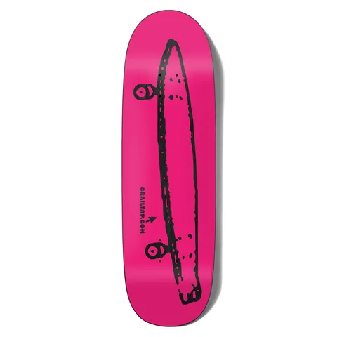 Crailtap Stinky Pink Couch skateboard deck: Bright pink deck with a rough black hand-drawn side view of a skateboard with two wheels, and small CRAILTAP.COM text with an arrow beneath it.