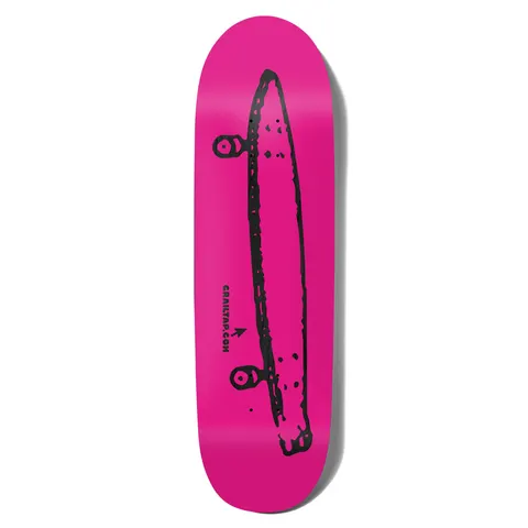 Crailtap Stinky Pink Loveseat skateboard deck: Hot pink deck with a rough black hand-drawn side-on sketch of a longboard-style skateboard with two trucks. Black CRAILTAP.COM lettering with a small arrow sits beneath.