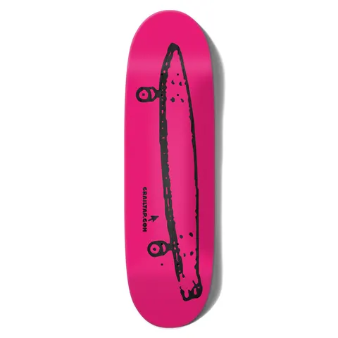 Crailtap Stinky Pink Phawt skateboard deck: Bright pink shaped deck with a rough black hand-drawn side view of a skateboard with trucks, and a small arrow pointing to the website address in black capitals.