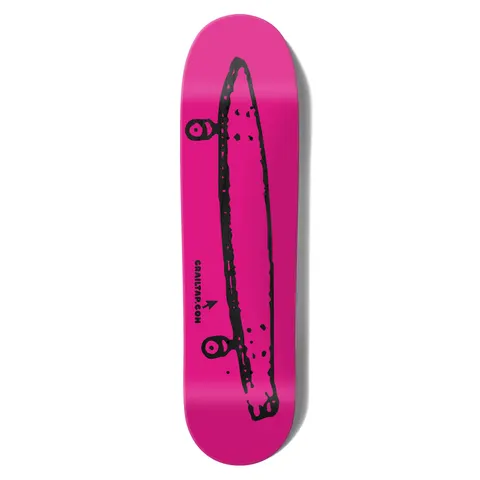 Crailtap Stinky Pink Skidul skateboard deck: Crude black line drawing of a skateboard seen from the side, with oversized wheels, on a flat hot pink deck, with the website address and a small arrow.