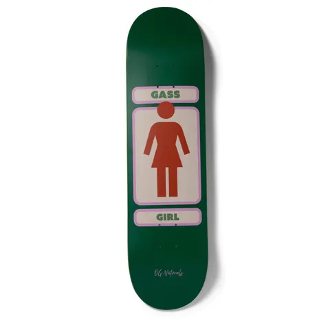 Girl Gass 93 Naturals skateboard deck: Girl logo in red-brown: a female pictogram in a cream panel with pink border, with rider name in a bar above and GIRL in a bar below. Plain dark green deck with small script text at the tail.