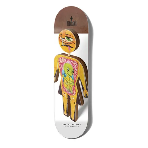 Girl Geering Modernica skateboard deck: White deck with a photographed wooden jointed doll in the Girl logo's female figure shape, with a one-eyed head and a yellow torso opened to show a green creature curled inside. Brown wood-stained nose with Modernica logo.
