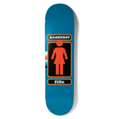 Girl Bannerot 93 Til skateboard deck: Girl logo with a red-orange female pictogram in a black rounded panel, with the rider's name above and 'fille' below, and a stripe motif at the left edge, on a teal deck.