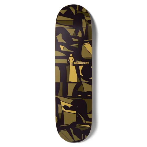 Girl Bannerot Dialog skateboard deck: Abstract collage of overlapping angular shapes in gold, olive and dark brown, suggesting reclining figures and furniture, with the Girl logo and 'Simon Bannerot' text on a gold figure in the centre.