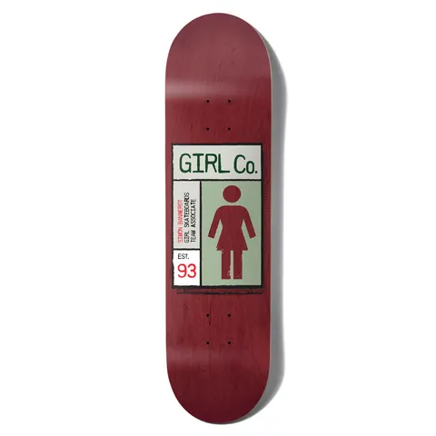 Girl Bannerot Gridbox skateboard deck: Label-style design with a 'Girl Co.' box, a green panel with the Girl logo figure, vertical text and 'Est. 93', centred on a red-stained deck.