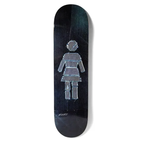 Girl Bennett Scraps skateboard deck: Girl's standing figure logo made from patches of striped denim-like fabric stitched together with frayed edges, on a dark blue-black textured background. Small signature at the bottom.