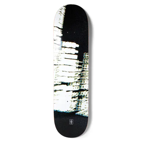 Girl Bennett TV Set skateboard deck: Glitchy, distorted video-screen image of bright white blocks and stacked forms on black, smeared with horizontal scan lines. Small Girl logo at the bottom.