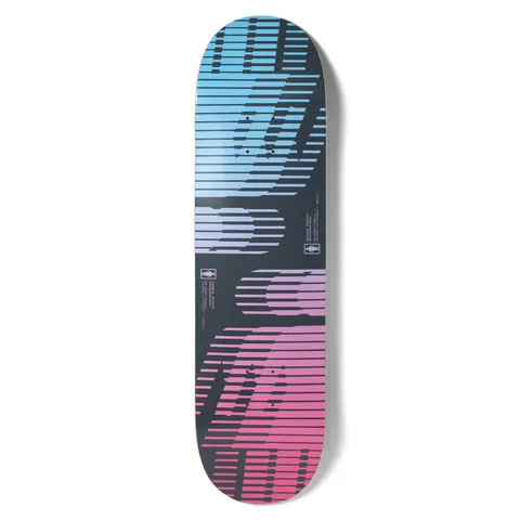 Girl Brophy Pop Hero Twin Tip Pop Secret skateboard deck: Large abstract Girl logo shapes cut by horizontal stripes, fading from blue at the top through lilac to pink at the bottom on a dark charcoal deck, with two small Girl logo stickers and tiny text in the middle.