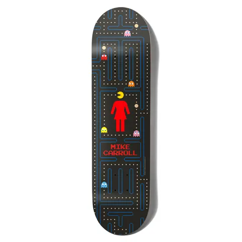 Girl Carroll Pac - Man skateboard deck: The red Girl logo figure with a Pac-Man head stands in a Pac-Man maze of blue walls and dots, chased by coloured ghosts, with a red pixel 'Mike Carroll' label beneath on a black board.
