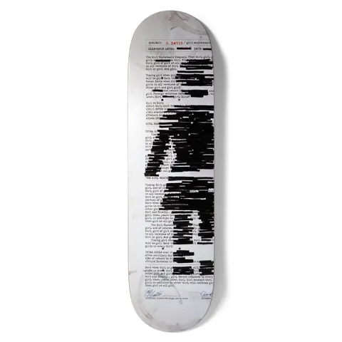 Girl Davis Redacted skateboard deck: Typewritten classified document headed Subject R. Davis / girl skateboards, with most text blacked out by marker redaction bars, coffee ring stains and signatures at the bottom, on a pale grey deck.