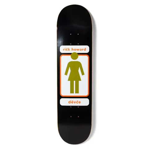 Girl Howard 93 Til skateboard deck: Girl's 93 Til design: an olive green female figure inside a white and orange rounded frame on black, with a white name panel above and a second panel below.