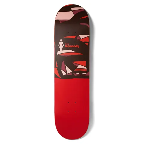 Girl Kennedy Dialog skateboard deck: Abstract geometric shapes in maroon, red and pink forming a dark mass on the upper half of the deck, with a small Girl figure and rider name; the lower half is plain red.