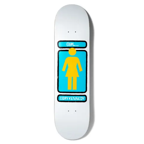 Girl Kennedy Hand Shakers skateboard deck: Girl logo of a yellow female figure on a turquoise panel with a black rounded border, with 'GIRL...' above and the rider name below in hand-drawn lettering, on a white deck.
