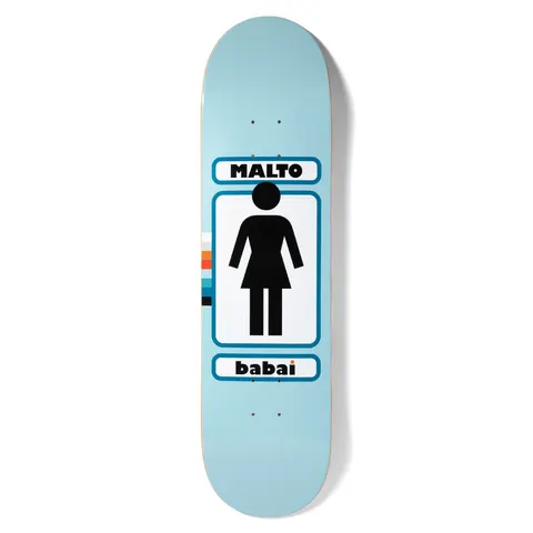 Girl Malto 93 Til skateboard deck: Girl 93 Til logo of a black standing female figure in a white framed panel, with name plates above and below, on a pale blue deck with a small stripe of blue, orange and black bands on the left edge.