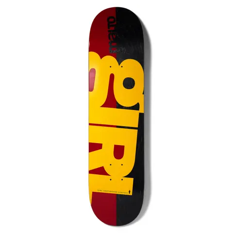 Girl Malto Rising skateboard deck: Giant yellow Girl logo lettering running sideways down the deck over a split background of dark red on the left and black on the right, with a small rider name in reversed type at the top.