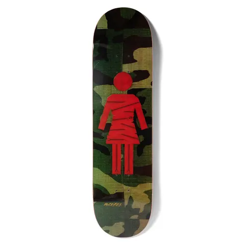 Girl McCrank Scraps skateboard deck: Girl logo figure in red fabric patchwork with stitched scraps, set over a woodland camouflage pattern. McCrank signature in yellow near the tail.