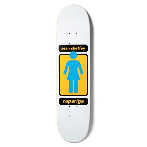 Girl Sheffey 93 Til skateboard deck: The Girl figure in light blue on a yellow panel with a black border, set between two black labels reading the rider's name and 'rapariga', on a plain white deck.