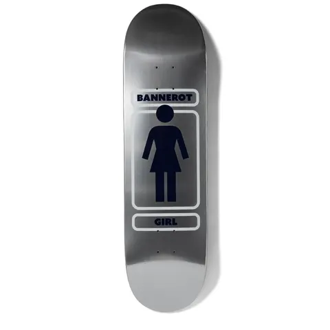 Girl Bannerot Metalls skateboard deck: Girl's logo figure in navy on a brushed silver metallic finish, inside a rounded white outlined frame with the rider name above and brand name below.