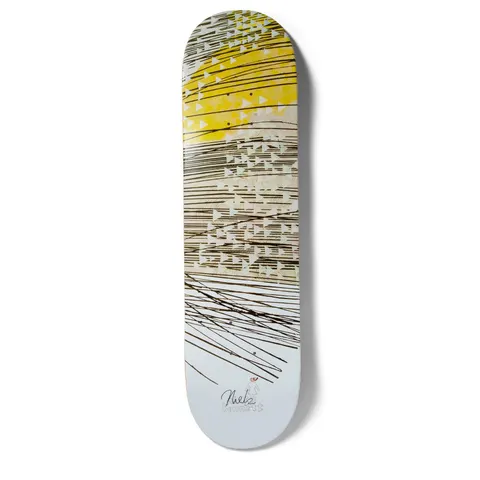 Girl Bennett Suzuki Method (Autographed) skateboard deck: Abstract artwork of fine black lines sweeping across the deck with scattered pale triangles and a yellow patch at the top, fading to white, with a small signature at the tail.