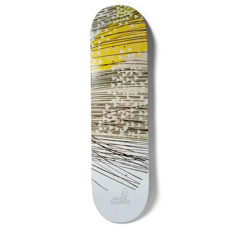 Girl Bennett Suzuki Method skateboard deck: Abstract artwork of fine black brush lines raked across a pale grey ground, with a yellow sun-like wash and scattered white triangles at the top. Small Girl logo and handwritten rider name at the tail.