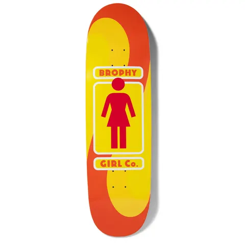 Girl Brophy 93 Til Lovers skateboard deck: The Girl logo, a red female pictogram in a white-bordered yellow frame, with 'Brophy' above and 'Girl Co.' below in red on yellow plates. The background is a swirling orange and yellow wave on a shaped, wide-tailed deck.