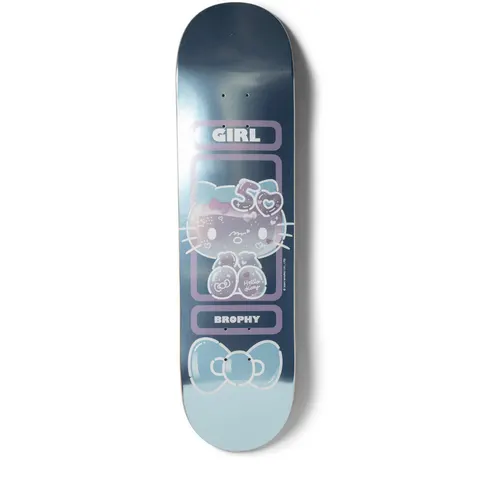 Girl Brophy Hello Kitty 50 skateboard deck: Hello Kitty with a '50' bow in pale iridescent outline sits inside a rounded frame between Girl and Brophy label boxes, with a large bow below on a glossy metallic blue base.