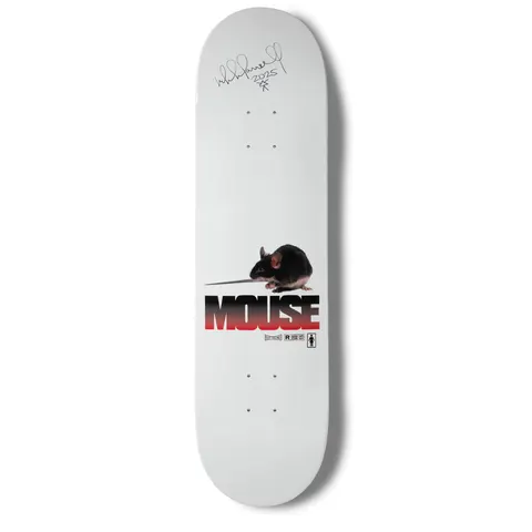 Girl Carroll Mouse One Off - Autographed skateboard deck: A photograph of a black mouse sits above the word MOUSE in large block letters fading from black to red, on a plain white deck. Small label graphics and a Girl logo sit beneath, with a black signature and 2025 at the top.