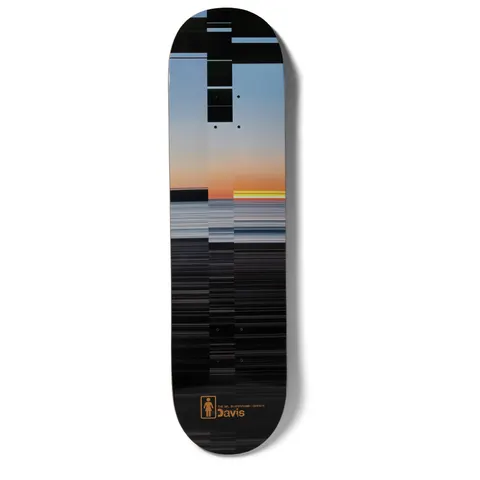 Girl Davis Kinsey Code skateboard deck: A glitched, streaky photograph of a sea horizon at sunset, with blue sky and an orange glow fading into dark horizontal bands, interrupted by black blocks. Girl logo and rider name sit at the tail.