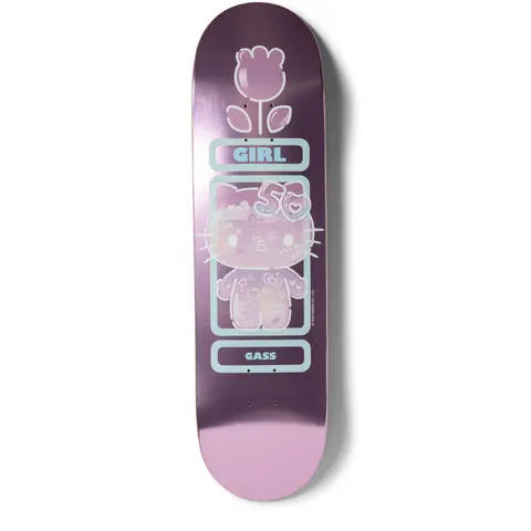 Girl Gass Hello Kitty 50 skateboard deck: Translucent Hello Kitty wearing a '50' bow, set inside a pale blue outlined frame between GIRL and GASS name plates, with a tulip-style flower above. Glossy metallic purple-pink finish.