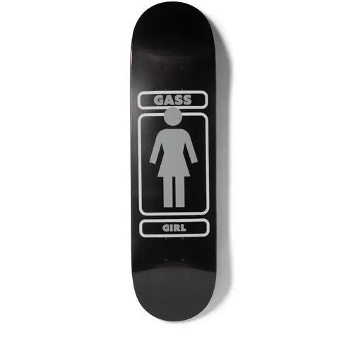 Girl Gass Metals skateboard deck: Girl's logo figure in grey on a black deck, within a rounded white outlined frame with the rider name above and brand name below.