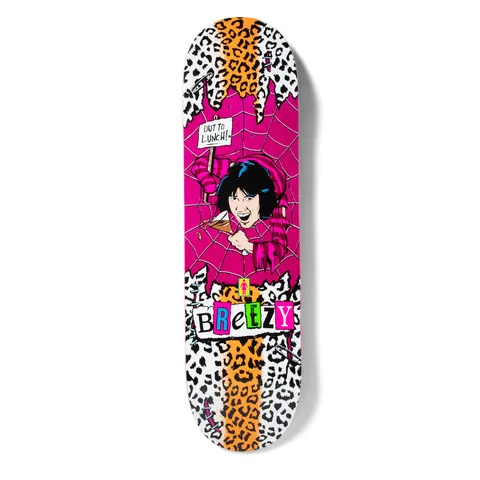 Girl Geering Out To Lunch Again skateboard deck: Comic-style illustration of a black-haired woman in a pink spider suit bursting through a pink web holding a sign and a drink, framed by leopard print and orange stripes, with a ransom-note style Breezy name and the Girl logo.