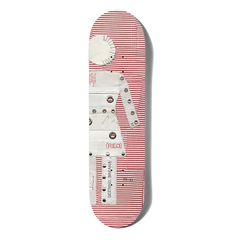 Girl Geering (Red) Stripe skateboard deck: Collage of the Girl figure made from white fabric patches with metal eyelets, on a red and white striped background. A pale circle forms the head; (RED) is printed on the skirt and the rider's name runs up the leg.
