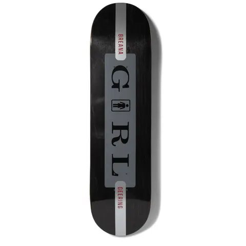 Girl Geering Serif skateboard deck: Black-stained deck with a grey panel carrying the brand name in large black serif capitals with the Girl figure logo in the middle, and a pale stripe running the length of the board with the rider's name in red at each end.
