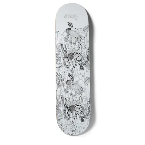 Girl Geering Suzuki Method skateboard deck: Intricate black pen drawing of dense, patterned plants, cacti and leaves with fine doodled textures, on a plain white deck. Girl logo and handwritten rider name at the top.