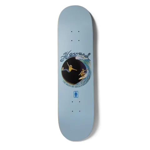 Girl Howard Best Of Both Worlds skateboard deck: A painted airbrush-style scene inside a circle shows a skateboarder and a surfer riding a blue wave, with script lettering above and a slogan around the edge. The Girl logo sits beneath on a pale blue deck.