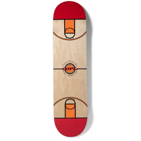 Girl Howard Full Court skateboard deck: A basketball court layout printed on natural wood, with orange keys and three-point arcs at each end and red tips. A centre circle with a basketball holds the Girl logo and Rick Howard Full Court text.