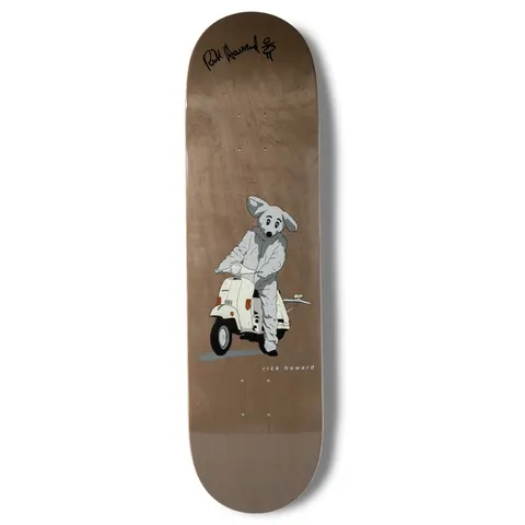Girl Howard Mouse One Off - Autographed skateboard deck: A person in a grey mouse costume sits astride a cream Vespa-style scooter, drawn simply on a natural brown woodgrain deck. A black signature sits at the top and the rider's name in small white text at the lower right.