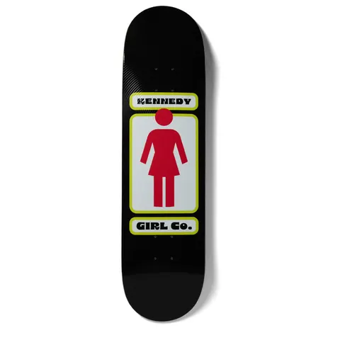 Girl Kennedy Hypno Girl skateboard deck: The red Girl logo figure on a white panel with a lime-green border, with name and company labels in rounded boxes above and below, on a black deck.