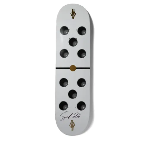 Girl Malto Goodlife (Autographed) skateboard deck: Pale grey deck styled as a domino, with five dark recessed-looking circles on each half divided by a thin black line and brown centre dot. A printed signature and the Girl figure logo sit at the tail.