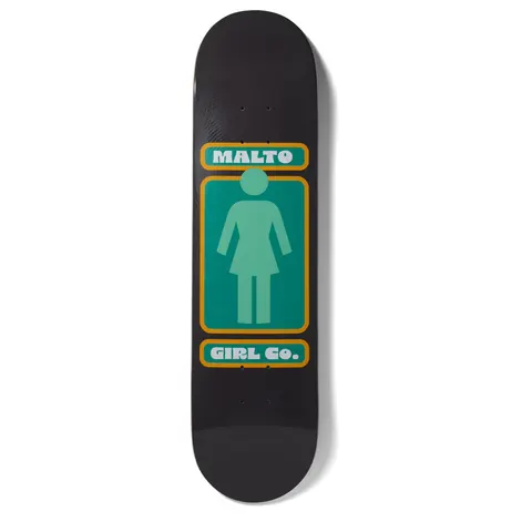 Girl Malto Hypno Girl skateboard deck: The Girl logo, a pale green female silhouette on a green panel, is framed by orange borders on a black deck. A rounded label above reads MALTO and another below reads GIRL Co., in a retro 1970s style.