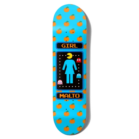Girl Malto Pac - Man skateboard deck: Pac-Man arcade parody: the Girl logo figure sits in a black maze panel with a Pac-Man head and three ghosts around it, on a light blue deck patterned with pixel oranges. Pixel lettering panels sit above and below.