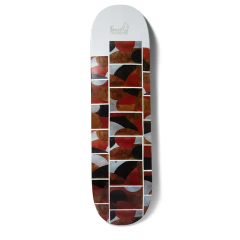 Girl Malto Suzuki Method skateboard deck: An abstract painted collage of rounded and half-circle shapes in rust red, brown, black and grey is cut into rectangular panels divided by white lines, below a plain pale grey nose with a Sean Malto signature and Girl logo.