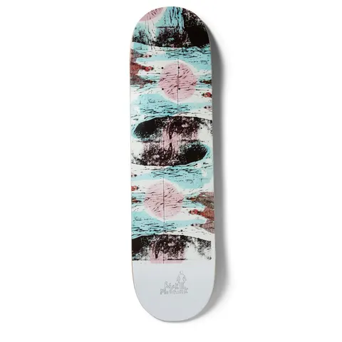 Girl Mccrank Suzuki Method skateboard deck: A textured, printmaking-style abstract scene of cyan swirls, pink circles and dark inky shapes with small red fish-like marks fills the deck, above a plain pale grey tail carrying a Rick McCrank signature and Girl logo.