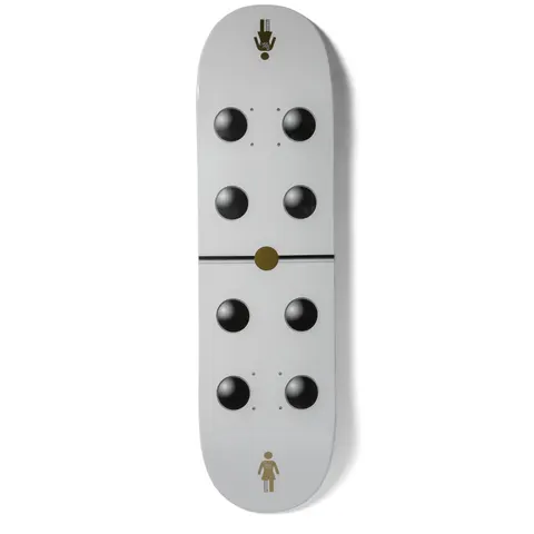 Girl Pacheco Goodlife skateboard deck: Pale grey deck styled as a domino, with four glossy black spheres in recessed circles on each half divided by a thin black line and gold centre dot. The Girl figure logo sits at the tail and a gold logo at the nose.