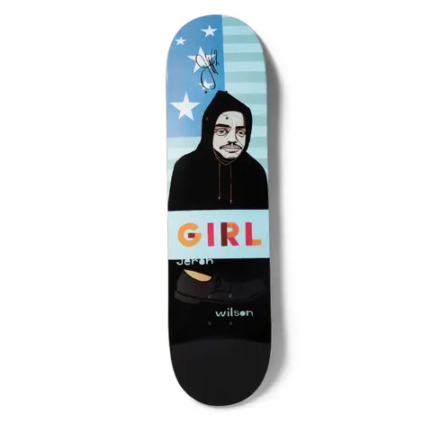 Girl Wilson Hecox Portrait (Autographed) skateboard deck: Illustrated hooded figure with a pale face against a pale blue stars and stripes flag background, above a Girl logo bar and a black shoe on a black lower half. Signature near the nose and rider name in handwritten text.