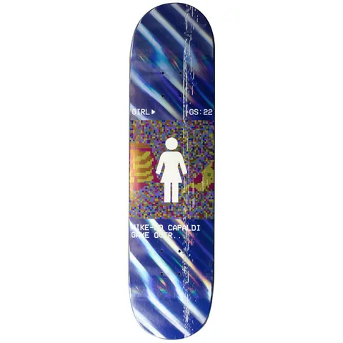 Girl Mikemos Last Board - Autographed skateboard deck: Girl logo figure in white on a pixelated, glitching colour block, with 'GIRL' and 'GS:22' status text above and 'Mike-Mo Capaldi Game Over...' below. Blue holographic streaked deck with video-glitch scratches.