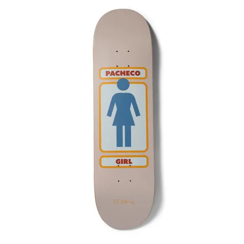 Girl Pacheco 93 Naturals skateboard deck: Pale taupe deck with the Girl logo: a blue female figure in a light panel with an orange border, a Pacheco name panel above and a Girl panel below. Small script text near the tail.