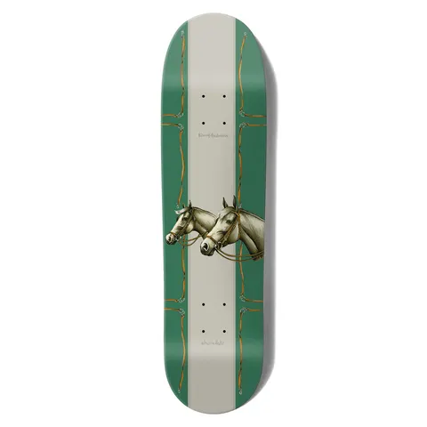 Chocolate Anderson Rancho Skidul skateboard deck: Two grey horses in bridles shown in profile heads on a cream central stripe, flanked by green side bands with tan bridle-strap motifs. Small Kenny Anderson and Chocolate text.