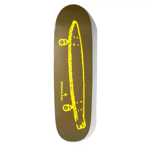 Crailtap Burnt Neon Couch skateboard deck: Olive-brown deck with a rough yellow outline drawing of a long cigar-shaped object or board with wheels, with the web address text and a small arrow logo beside it.